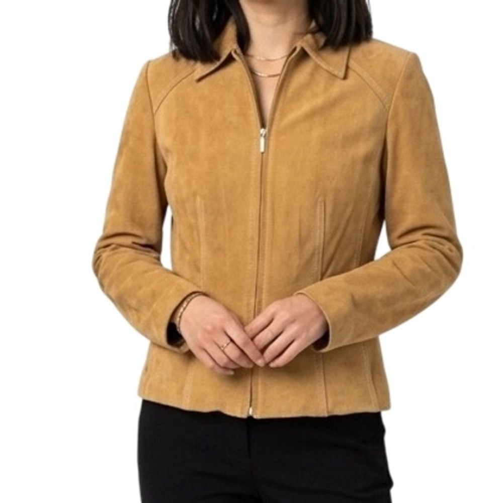 George by Mark Eisen Suede Leather Jacket Women Small 4/6 Saddle Brown Zip Y2K